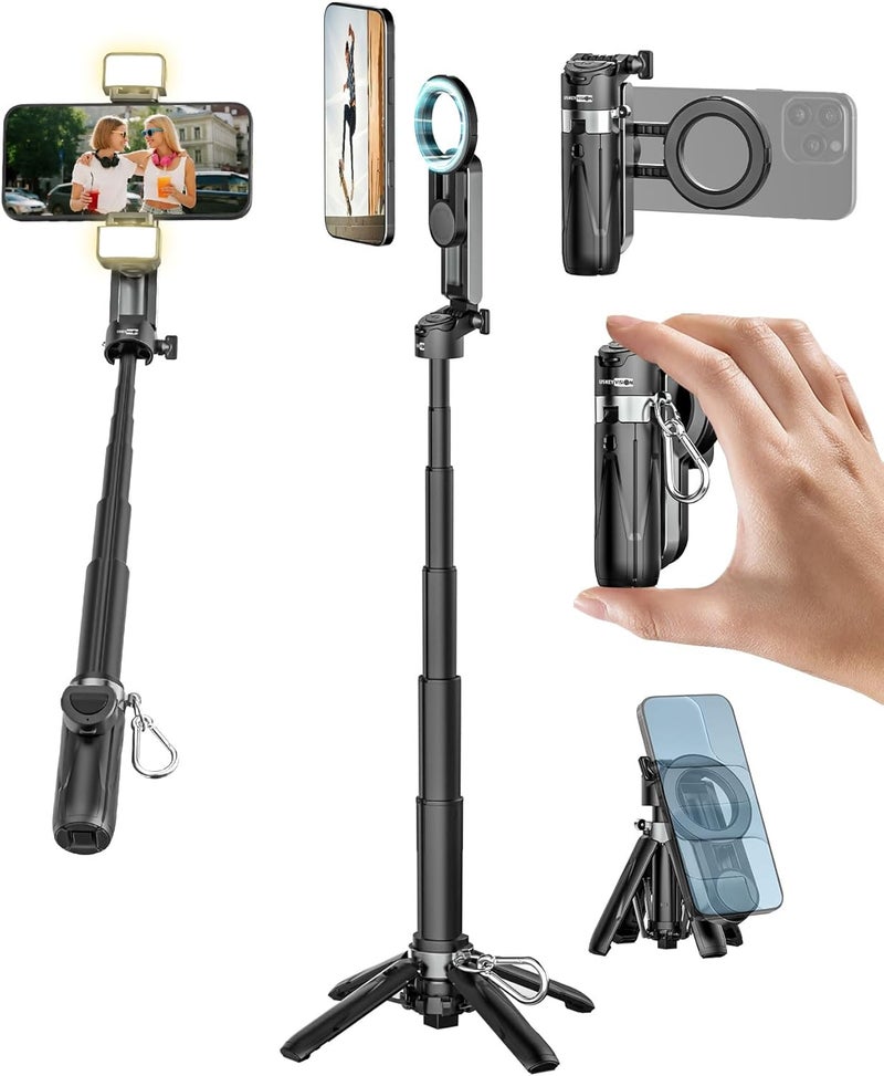 USKEYVISION Magnetic Pocket Selfie Stick for iPhone with Light for MagSafe 4 in 1 Portable Pocket Phone Tripod for iPhone & Android W/Rechargeable Remote, Removable Phone Clip, Video Recording(MPT-02) - Image 1